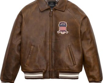 Blouson aviateur homme Avirex marron style pilote américain fait main en cuir de vachette véritable