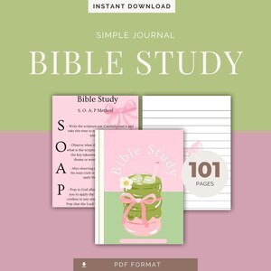 May include: A digital Bible study journal with a pink and green cover featuring a drink illustration and the words "Bible Study." The journal includes 101 pages and is available for instant download in PDF format. The background is a soft green and pink.