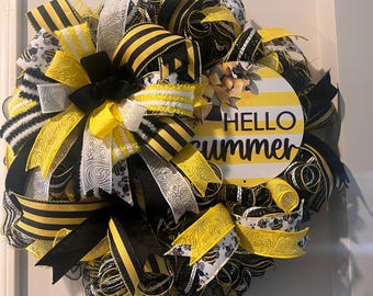 Sweet Summer Bee Front Door Wreath | Luxury Black and Yellow Stripe Welcome Sign