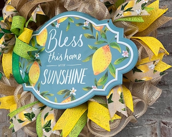 Handcrafted Lemon Wreath: "Bless This Home with Sunshine" Summer Door Decor