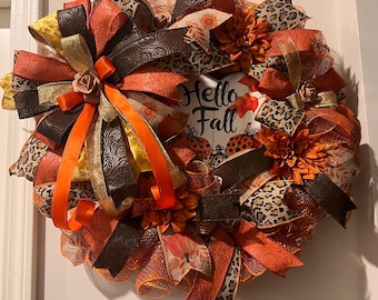Luxury Leopard and Orange Fall Door Wreath with Elegant Welcome Sign