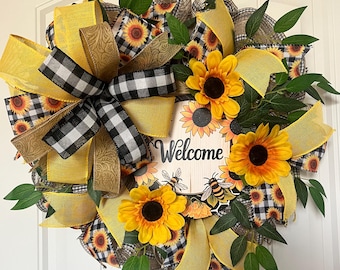 Welcome Sunflower Deco Mesh Wreath, Farmhouse Door Decor Summer/Fall Floral Wreath