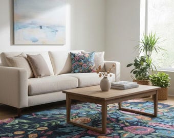 Puede incluir: Un salón con un sofá crema, una mesa de centro de madera y una alfombra floral. La alfombra tiene un fondo azul oscuro con patrones florales coloridos. Cojines decorativos y una pintura en la pared completan la decoración. También se ven plantas en macetas.