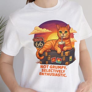 Orange Tabby Cat Tee — Not Grumpy Selectively Enthusiastic | Sarcastic Orange Cat Illustration | Marmalade Cat Route 66 Apparel