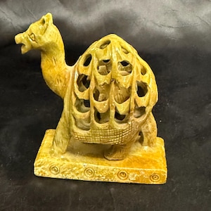 Hand Carved Soapstone Camel Figurine with Baby, Indian Jali Openwork Sculpture, Boho Decor