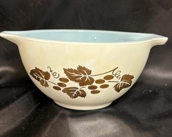 Vintage Pyrex Golden Grapes Cinderella Bowl, Mid Century Delphite Blue Chip Dip