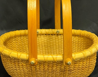 Vintage Nantucket Lightship Basket – 9" Oval Market Basket, Wood Base, Swing Handles