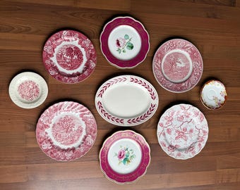 Vintage Pink Transferware Plates: English Ironstone, French Porcelain Gallery Set