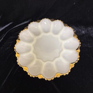 Vintage Anchor Hocking Milk Glass Deviled Egg Platter with 22k Gold Trim, Mid Century Fire King Egg Dish, 1950s Easter Relish Serving Tray