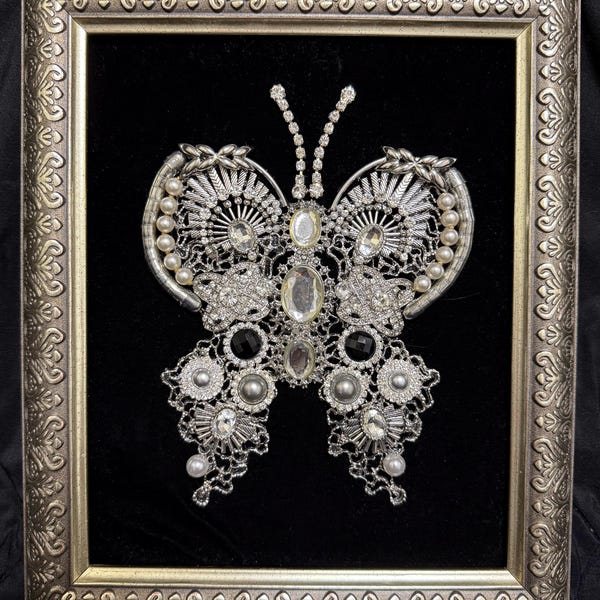 Silver Repurposed Jewelry Collage Butterfly – Framed Brooch Wall Decor
