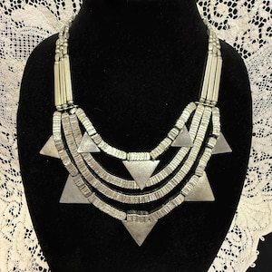 Silver-tone Geometric Bib Necklace, Multi-Layer Tribal Statement Jewelry
