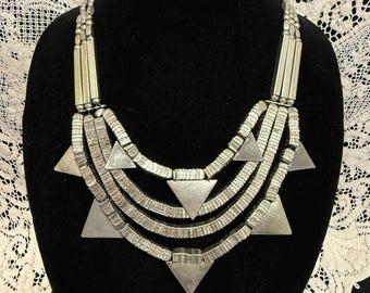Silver-tone Geometric Bib Necklace, Multi-Layer Tribal Statement Jewelry