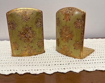 Vintage Italian Florentine Bookends | Mid Century Modern Gold Giltwood Book Ends | Hollywood Regency Wood & Gesso Bookends | Set of 2