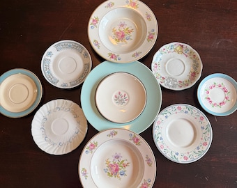 Juego de 10 platos florales desiguales, porcelana fina rosa y azul, estilo shabby chic para pared.