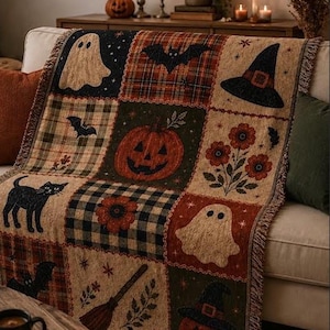 Könnte beinhalten: Eine gewebte Wohndecke mit Patchwork-Design und Halloween-Motiven wie Geistern, schwarzen Katzen, Fledermäusen, Kürbissen, Hexenhüten und Besen. Das Muster enthält Karos und Vichy-Muster in den Farben Orange, Schwarz und Beige.