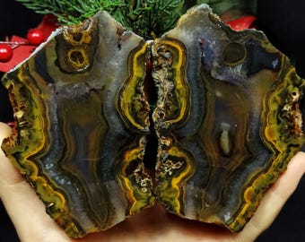 Green and Yellow Banded and Quartz Crystal Agate, Polished Turkish Agate, Turkey Banded Agate Pair, Raw and Rough Mineral Specimen.