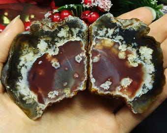 Flower and Snoflake and Red Banded Agate, Agate Specimen, Snowlake Agate, Cut and Polished Turkish Agate Pair, Rough Mineral Specimen.