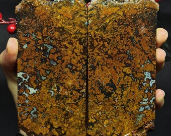 May include: Two rectangular, polished stone slabs with a mottled pattern of orange, brown, black, and blue. The rough edges of the stone are visible. The slabs are held in a person's hands, with a dark background and holiday decorations.