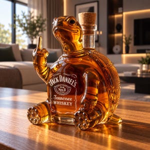 Peut inclure: Une carafe en verre ambré en forme de tortue avec un bouchon en liège. L'avant présente le texte imprimé en blanc Jack Daniel's Old No. 7 Tennessee Whiskey. La figurine de tortue a un membre avant levé avec le majeur tendu.
