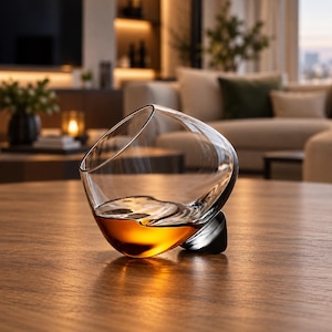 Peut inclure: Un verre à cognac transparent doté d'un bol arrondi et asymétrique reposant de biais sur une petite base solide et sombre. Le verre contient un liquide brun doré qui s'accumule au fond, épousant la forme inclinée de la courbe intérieure.