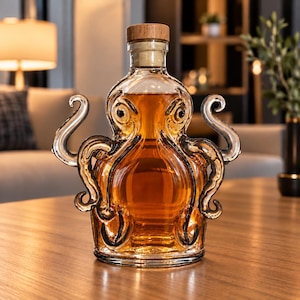 May include: A clear glass decanter shaped like an octopus with a cork stopper. The vessel contains an amber-coloured liquid and features moulded tentacles extending from the sides and front, creating a textured, three-dimensional appearance.