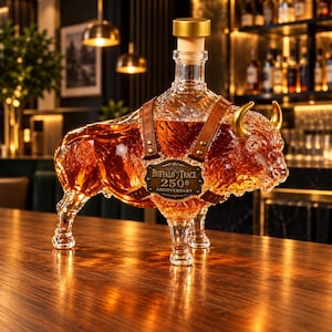 Può includere: Un decanter in vetro trasparente a forma di bisonte, riempito con un liquido ambrato. Presenta un tappo color oro, corna dorate e un'imbracatura in pelle marrone con una placca metallica che recita Buffalo Trace 250th Anniversary.