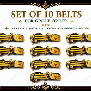 Knights Templar Sword Belt Set of 10 – Commandery Group Order Masonic Regalia with Cross Buckle & Sword Hangers – Bulk Ceremonial Belts