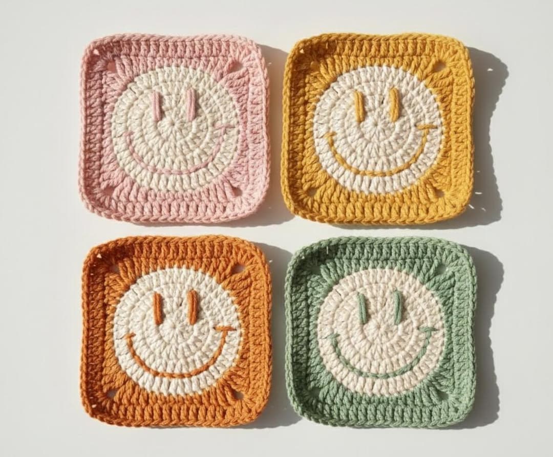 Happy Face Granny Square Pattern PDF – Smiley Crochet Motif, Beginner ...