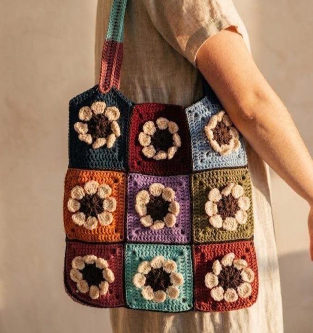 Patch Work Accessory Daisy Granny Square Tote Bag Pattern PDF, Floral Patchwork Tutorial ...