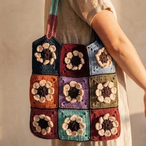 Wzór na kwadratową torbę-torebkę Daisy Grandma w formacie PDF, samouczek tworzenia patchworku kwiatowego, łatwy dodatek na lato dla początkujących