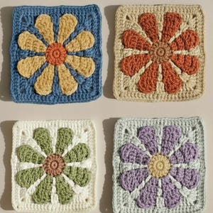 Retro Daisy Grandma Quadrat Häkelanleitung PDF | Vintage Blumen Motiv