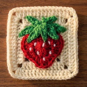 May include: A cream-coloured crocheted square featuring a red strawberry with white seed details and green leaves. The square has a textured finish, ideal for a handmade craft project. The design is reminiscent of a granny square.