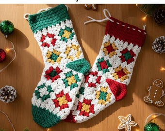 May include: Two handmade Christmas stockings with a granny square design. The stockings are white with red, green, and yellow floral patterns. The tops and heels are red and green. The text "KnitsByNeseArt" is at the top.