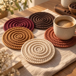 May include: A set of five circular crochet coasters featuring a spiral pattern in cream, mustard yellow, burgundy, dark brown, and terracotta colors. One terracotta coaster supports a speckled ceramic mug filled with dark coffee.
