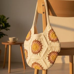 Oma Quadrat Einkaufstasche Häkelanleitung, PDF, Hexagon Sunburst Bag, anfängerfreundlich