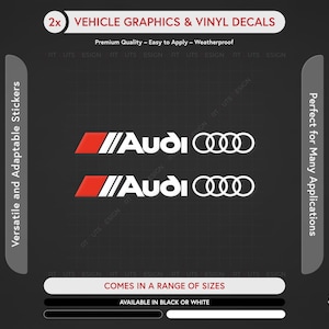 Puede incluir: Dos gráficos y calcomanías de vinilo para vehículos con el logotipo de Audi en blanco con un acento rojo. Las calcomanías están diseñadas para un uso versátil y adaptable, disponibles en negro o blanco.
