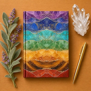 May include: A colorful journal with a rainbow design, gold accents, and a matching gold pen. A sprig of lavender and a clear quartz crystal cluster are also present. The journal's cover features a vibrant, layered pattern in shades of red, orange, yellow, green, blue, and purple.