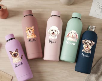 Botella de agua personalizada con foto de mascota, regalo personalizado para mamás de gatos y perros, taza con retrato de mascota, taza de acero inoxidable aislada, regalo conmemorativo para mascotas