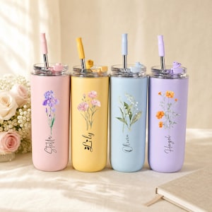 Vaso con pajita personalizado de 473 ml (16 oz), vaso con flor de nacimiento personalizada, botella de agua de acero inoxidable, regalo para ella, vaso para damas de honor.