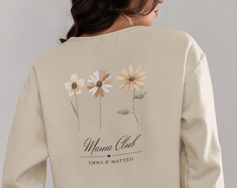 Personalisierter Mama Hoodie Shirt Sweater mit floralem Blumen Backprint und Kindernamen, Frühling, Muttertagsgeschenk, Geschenk für Mama