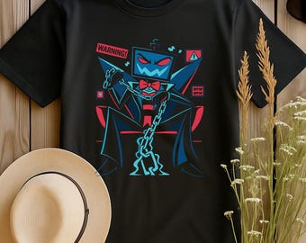 Vox Shirt Hazbin Hotel Inspired Demon Tech Overlord Vox Tek Graphic TShirt, Glitchcore Error Style Sinner Surveillance Network Shirt