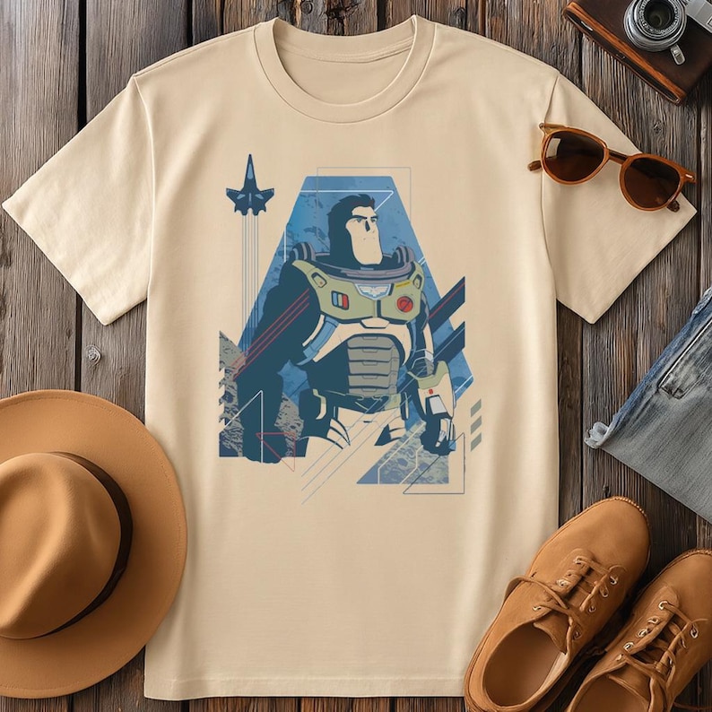Buzz Lightyear Space Ranger geometric graphic print featuring angular blue hexagonal composition with fighter jet silhouette soaring overhead red diagonal accent lines moon surface rocky texture below detailed space ranger armor in muted olive khaki and steel blue tones dynamic diagonal design elements sharp geometric shapes and line art framing suitable for DTG or DTF t-shirt printing on white background