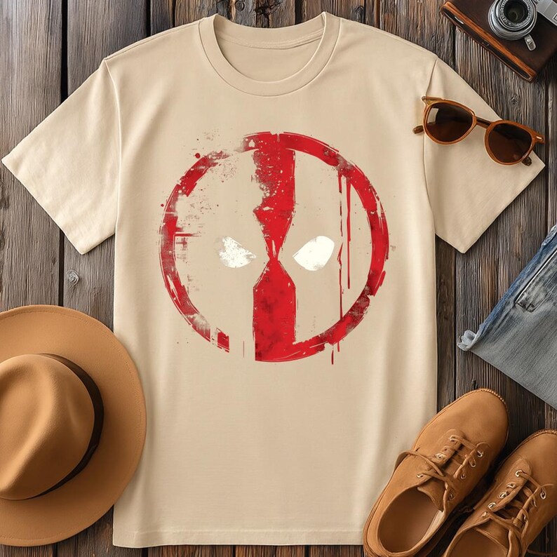 May include: A beige t-shirt featuring a red and white graphic of a character's face. The graphic is inside a red circle with paint splatter effects. The shirt is displayed on a wooden surface with accessories.