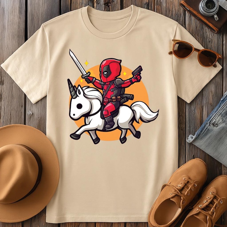 chibi Deadpool-riding-a-unicorn design is pure chaotic joy — sword in one hand, gun in the other, sparkling through the sunset like a hero with zero chill. It's funny, it's adorable, and it's absolutely peak Deadpool energy.