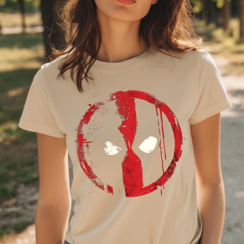 May include: Beige t-shirt featuring a red and white graphic of a character's face. The design is a stylized, circular emblem with a red outline and a central vertical stripe. The eyes are white, and the overall effect is bold and graphic.