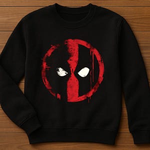 May include: Black sweatshirt featuring a red and white graphic of a masked face within a red circle. The design has a distressed, paint-splatter effect. The sweatshirt is made of a soft material and has a crew neck.