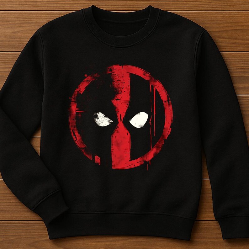 May include: Black sweatshirt featuring a red and white graphic of a masked face within a red circle. The design has a distressed, paint-splatter effect. The sweatshirt is made of a soft material and has a crew neck.