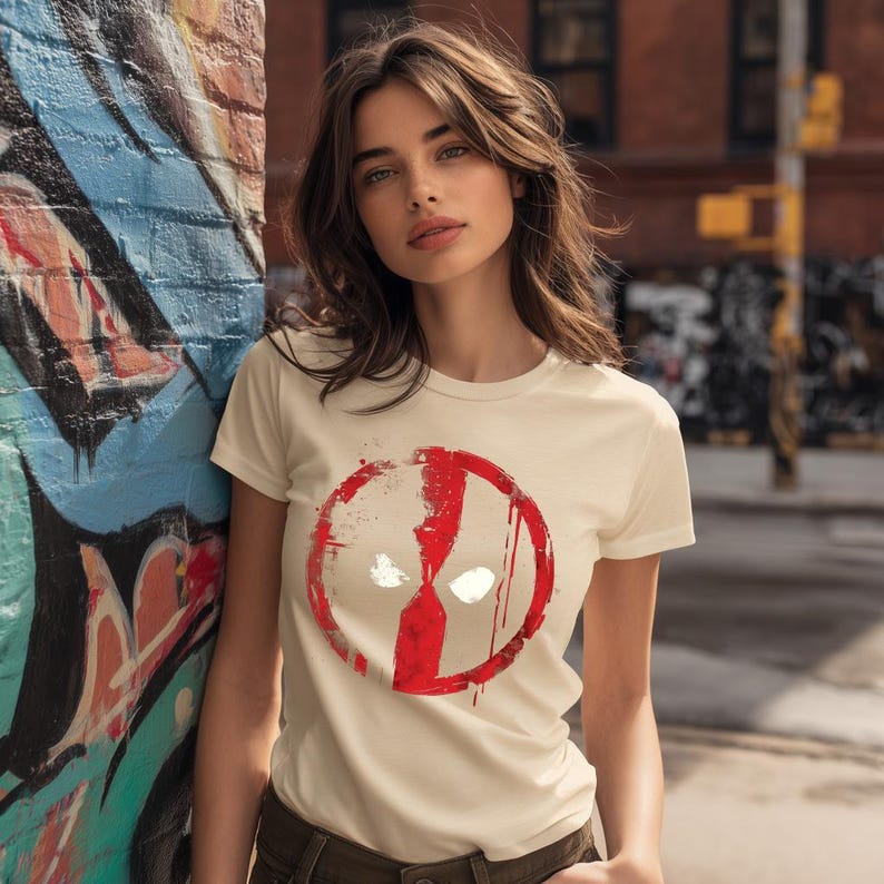 May include: Cream-colored t-shirt featuring a red and white graphic design. The graphic is a stylized face within a red circle, with white eye shapes and red accents. The shirt has short sleeves and a crew neck.