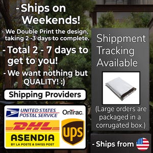 May include: Image with text about shipping details. Text includes "Ships on Weekends!" and "Total 2-7 days to get to you!" Shipping providers logos include USPS, OnTrac, DHL, Asendia, and UPS. A package is shown.