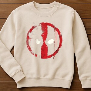 May include: A cream-colored sweatshirt featuring a large, distressed red graphic of a character's mask. The design includes a circular outline with white eye shapes and red paint splatter details. The sweatshirt has a crew neck and long sleeves.